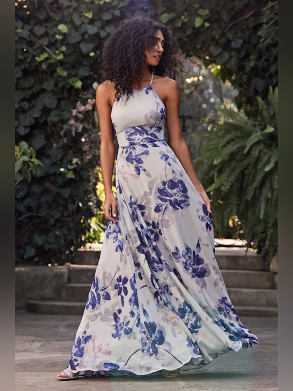 Lulu's All I Need Grey Floral Lace Up Spring Summer Halter Maxi Dress Size S